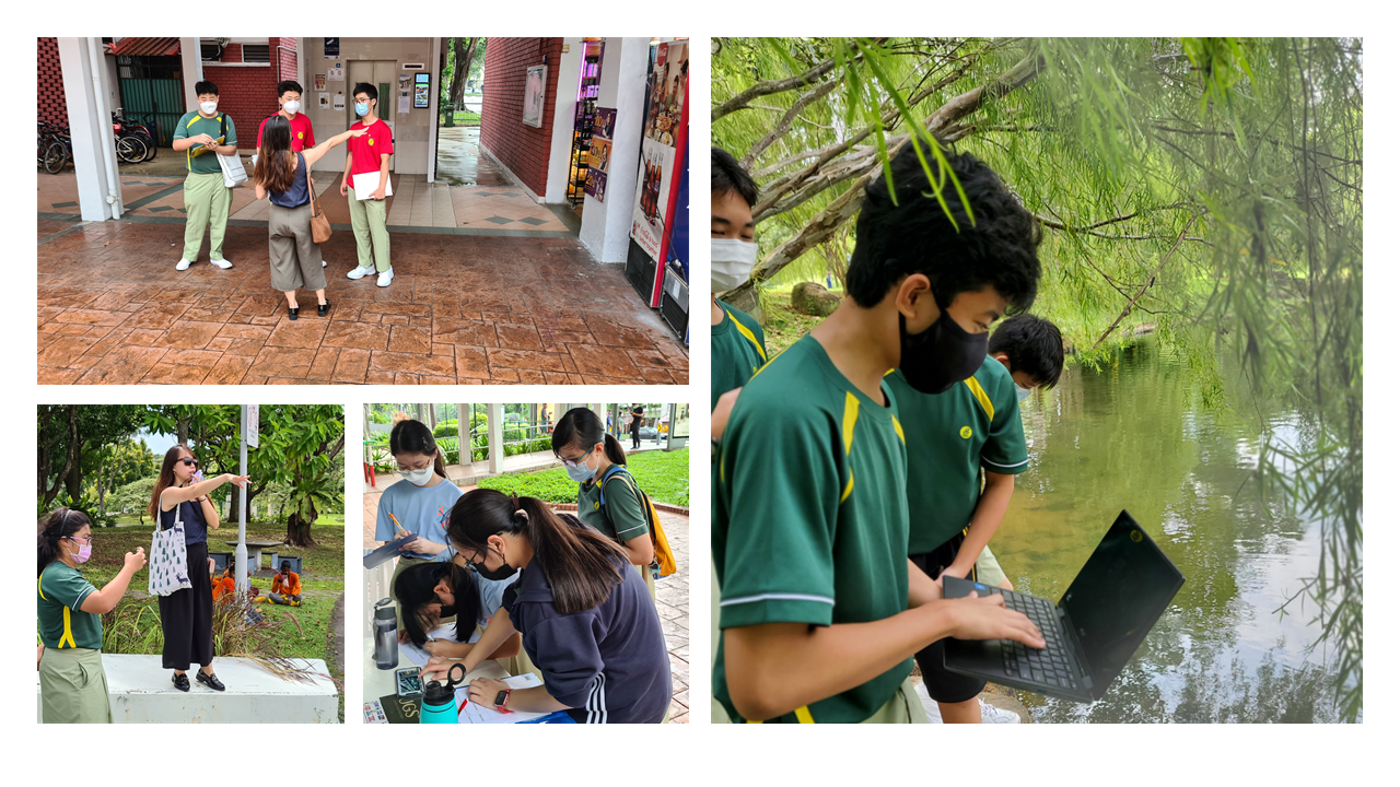 Students wearing masks engage in outdoor learning activities, including using a laptop near a pond and reviewing notes.